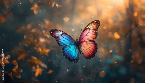 Colorful Blue and Pink Butterfly Flying Through a Magical Autumn Forest