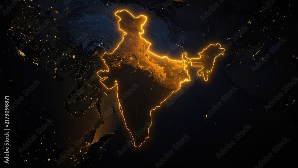 Fototapeta premium Glowing golden outline of India map on dark background.