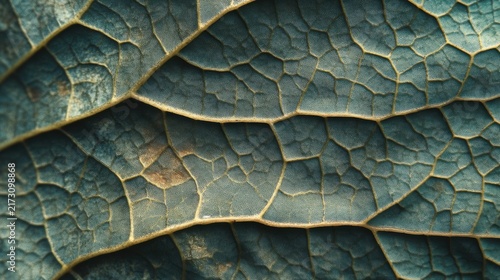 Close-up of a dark teal leaf with intricate veining and textured surface