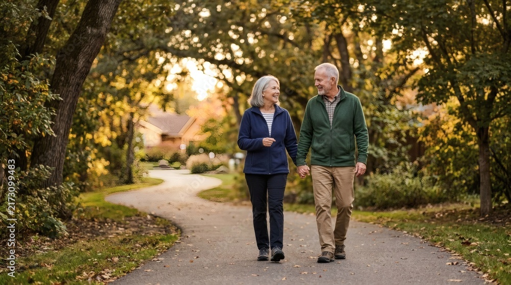 Obraz premium Happy elderly couple walking together on a scenic path in a park during autumn.