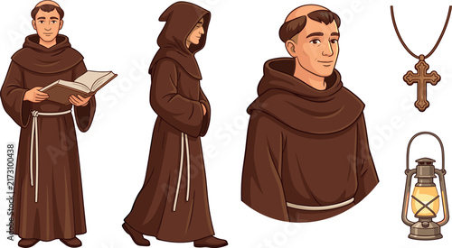 Canvas Print Monks Set with Book, Lantern, and Cross