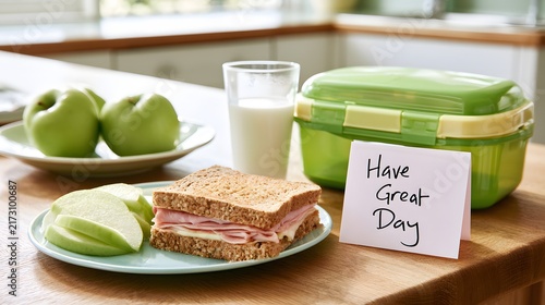Packed lunch with sandwich, green apples, milk and Have a Great Day note.