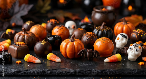 halloween chocolate truffles and festive candies on dark platter