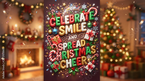Festive christmas greeting card design featuring colorful three dimensional lettering that says celebrate smile and spread holiday cheer with beautiful seasonal decorations in the background