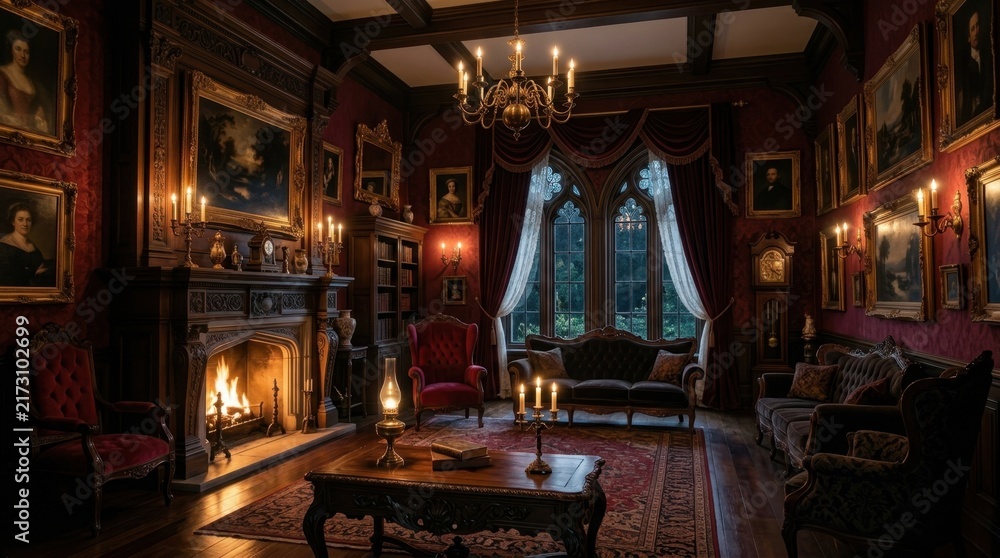 Obraz premium Gothic Opulence: An interior of a grand, darkly opulent room featuring a fireplace with a roaring fire, antique furniture, and numerous portraits on the walls.
