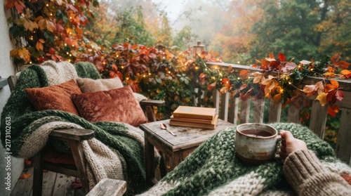 Cozy Autumn Balcony Retreat: A warm and inviting balcony setting, draped with cozy blankets and plush pillows, overlooks a vibrant tapestry of autumn foliage.