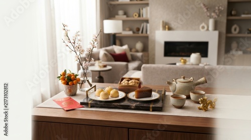 Festive Gathering at Home: An inviting scene of a living room adorned with festive decorations and a table set for a joyous occasion, featuring tea, pastries, and tangerines.