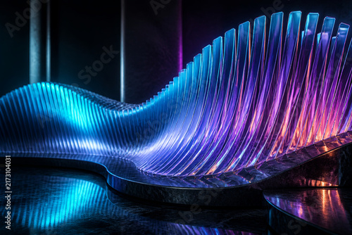 Wide field of translucent fins creating rhythmic cyan-to-violet waves