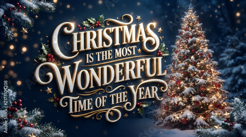 A beautiful festive background featuring an elegant christmas tree covered in snow with glowing lights and the inspirational holiday quote christmas is the most wonderful