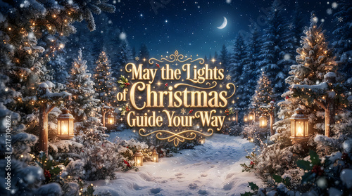 A magical winter forest landscape at night featuring snow covered pine trees glowing lanterns and elegant golden typography wishing you a merry holiday season greeting