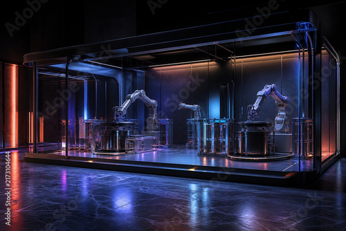 Empty robotic manufacturing cell with clean articulated equipment bays
