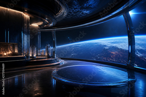 Orbital station observation gallery overlooking a blue planetary horizon