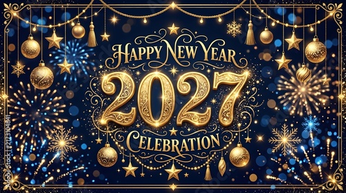 A dazzling and festive happy new year 2027 celebration filled with golden lights and sparkling decorations for a joyous occasion