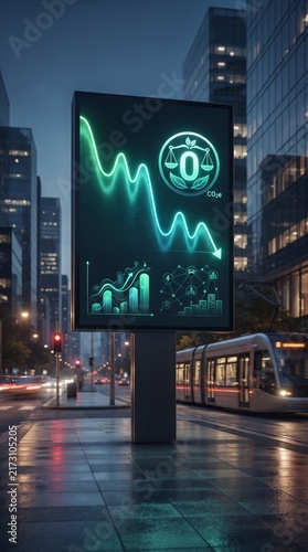 Metropolitan CO2 Reduction Counter on Digital Civic Billboard at Night