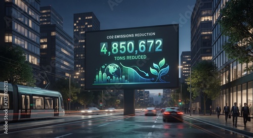 Metropolitan CO2 Reduction Counter on Digital Civic Billboard at Night