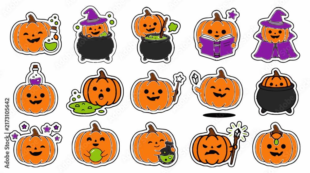 Obraz premium Collection of illustrated pumpkins with halloween props and whimsical expressions vector graphics autumnal bewitched