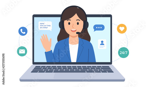 Female customer service representative providing online support on laptop, customer care chat, call center assistance and help vector illustration