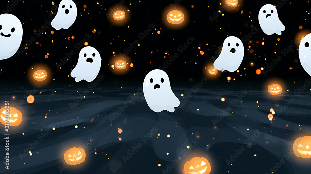 Fototapeta premium Playful Cartoon Ghosts and Glowing Jack O Lanterns Halloween Background
