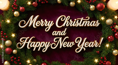 A festive christmas wreath background featuring gold and red ornaments with glowing lights surrounding the elegant merry christmas and happy new year holiday greeting text