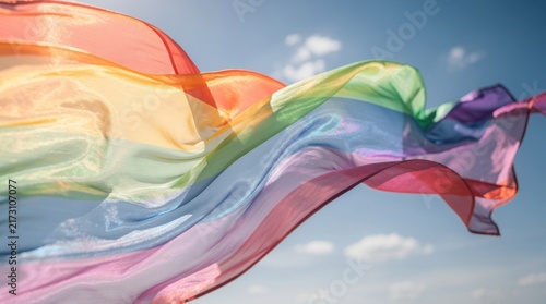 A translucent rainbow flag waves gently against a blue sky with soft clouds, symbolizing pride and diversity.