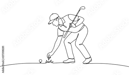 Continuous One Line Art Illustration of a Male Golfer Placing a Tee on the Grass for Sports, Recreation, and Modern Country Club Graphic Designs