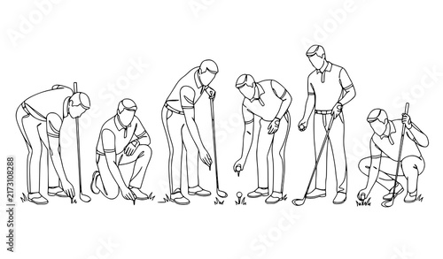 Continuous Line Art Golfer Vector Set with Male Players Crouching, Bending, and Placing Golf Tees for Tournament, Sport, and Country Club Designs