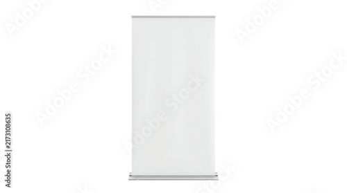 Blank white vertical roll-up banner stand display mockup isolated on transparent background.