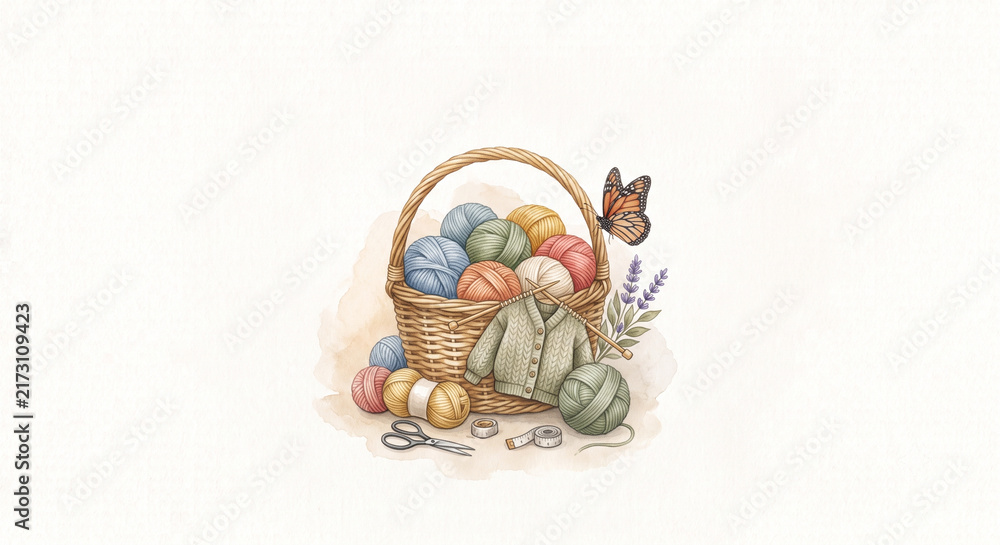 Fototapeta premium Watercolor illustration of a cozy wicker basket filled with colorful yarn balls, knitting needles, miniature sweater, and butterfly on textured cream background