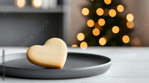 Biscoito em formato de coração no prato, fundo com luzes de Natal.