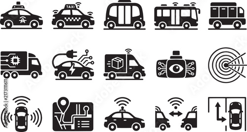 Autonomous Vehicles Self Driving Cars Smart Mobility Vector Icon Set