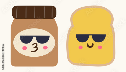 cute peanut butter jar and toasted bread slice character in sunglasses flat vector illustration happy autumn food mascot pair cafe isolated design
