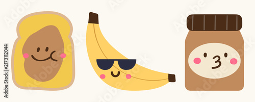 cute peanut butter jar banana and toast bread character in sunglasses flat vector illustration happy autumn breakfast food mascot collection isolated design