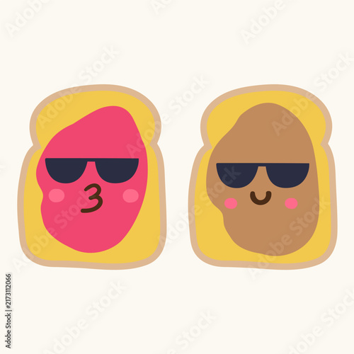cute peanut butter and strawberry jelly toast characters in sunglasses flat vector illustration happy autumn breakfast food mascot pair streetwear isolated design