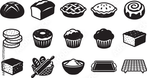 Bakery Products Pastry Desserts and Baking Tools Vector Icon Set