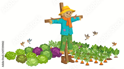 Fotografie Colorful Wooden Scarecrow Protecting Lettuce Cabbage and Carrot Crops in a Lush
