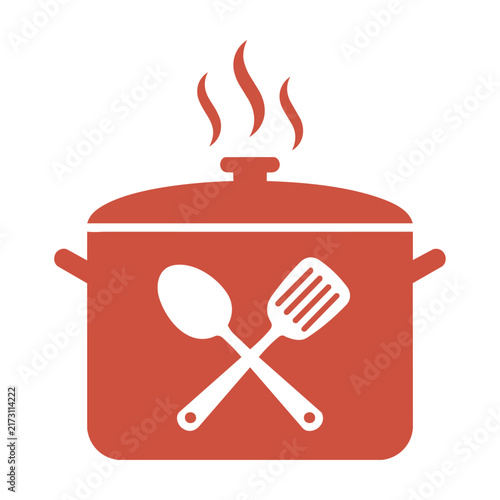 Minimalist terracotta red stockpot icon with steam and crossed utensils, cooking concept