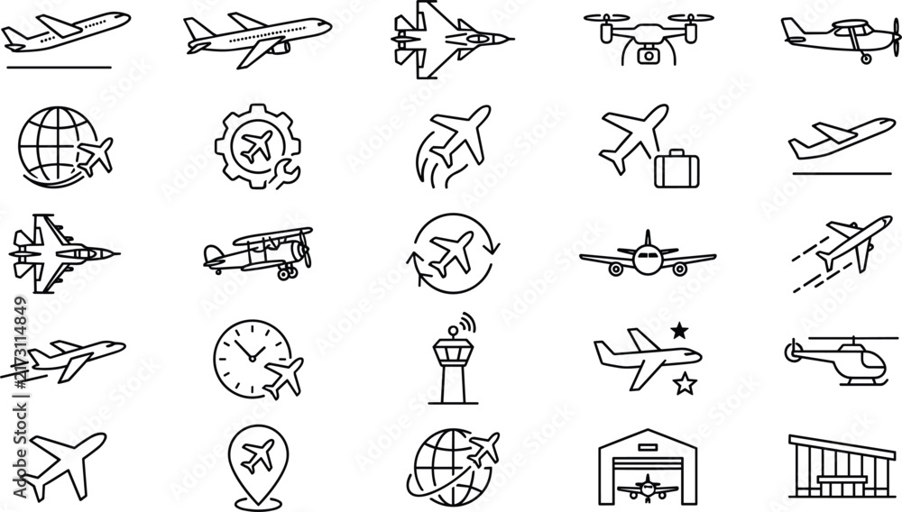 Fototapeta premium Aviation and aircraft thin outline icon set featuring military jets commercial planes drones and airport logistics symbols vector