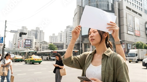 Young woman holding a blank white paper sheet under sun in city street