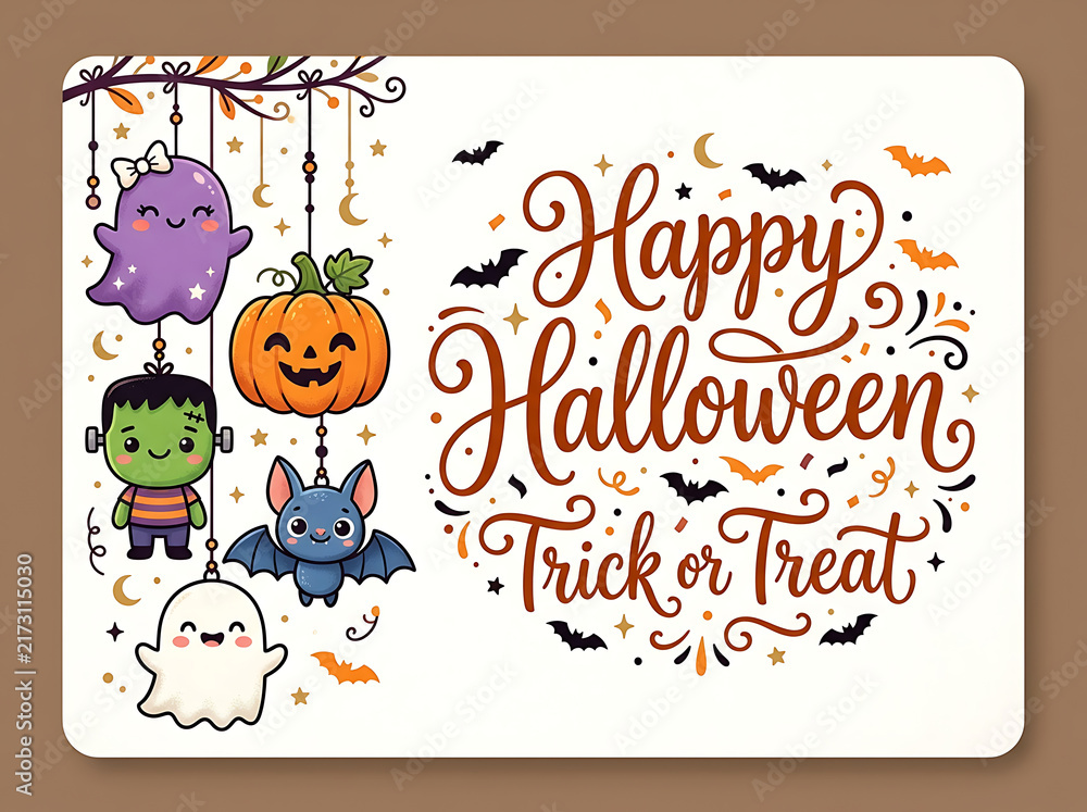 Fototapeta premium Happy Halloween Greeting Card with Cute Characters and Festive Lettering