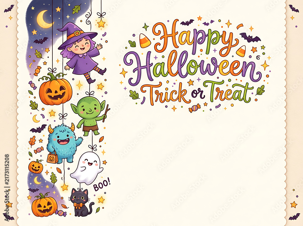 Fototapeta premium Cute Halloween Greeting Card with Little Witch, Monsters and Ghost Characters