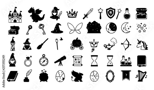 Fairytale Fantasy Icon Set with Castle, Dragon, Wizard, Witch Hat, Magic Wand, Shield, Sword, and Mythical Creature Symbols for Gaming and Children Storybook Designs