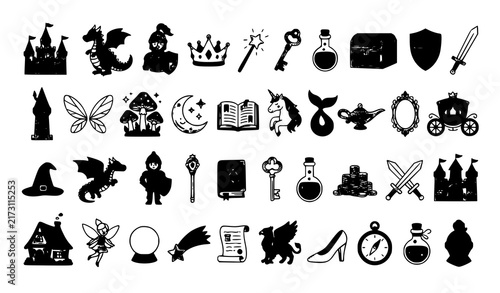 Fantasy Fairytale Silhouette Icon Set with Magic Castle, Dragon, Unicorn, Mermaid, Crystal Ball, Witch Hat, and Potion Symbols for Gaming and Children Storybook Designs