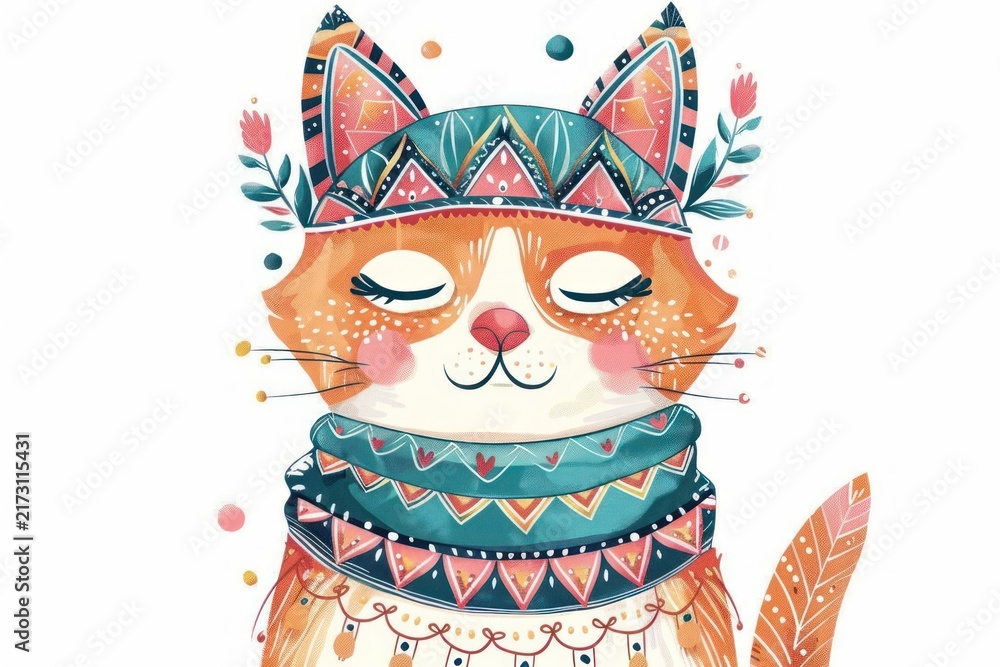 Obraz premium Boho Vector Art of cat art illustrated dessert.