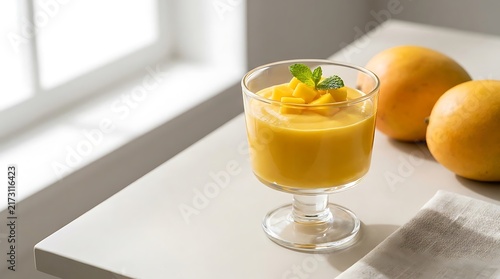 Fresh mango pudding in a glass cup with mint leaves and whole mangoes on a table by the window. Mango Mousse Recipe
