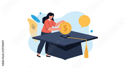 Student placing a large gold dollar coin into a giant graduation cap, symbolizing the investment in education and the high cost of university.