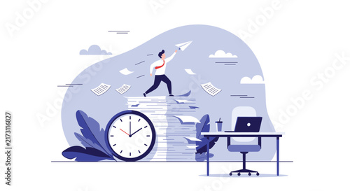 Busy office worker standing on a massive stack of documents and flying a paper plane to escape deadline pressure.