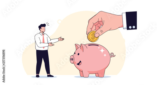 Businessman watching a giant hand put a golden dollar coin into a large pink piggy bank for financial savings and growth.