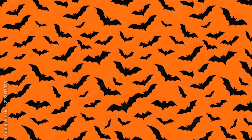 Halloween seamless pattern with black bats on orange background