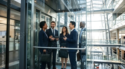 Diverse business team having a meeting inside a glass elevator in office