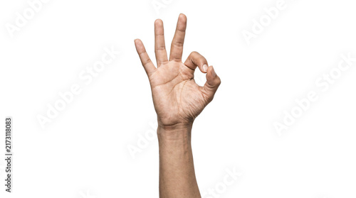 Fotografie Human hand showing okay gesture sign isolated on transparent background